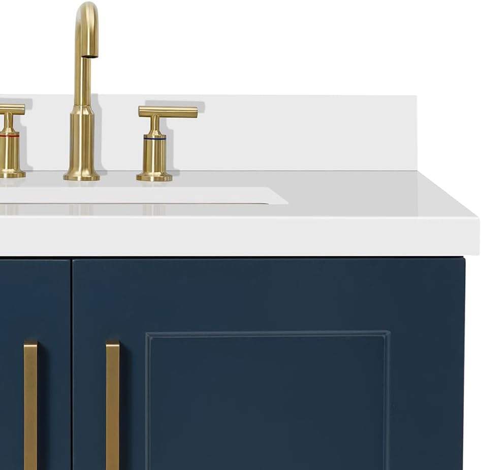 ARIEL Taylor 42-inch Bathroom Vanity with Sink,Solid Wood, 1.5-inch Pure White Quartz Countertop, Single Rectangular Porcelain Sink, 2 Soft Closing Doors, 5 Dovetail Drawers, Midnight Blue