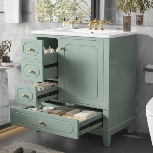 Bellemave 30' Bathroom Vanity with Ceramic Sink & 3 Drawers, Bathroom Cabinet with Storage Shelves & Solid Wood Base, Freestanding Vanity Cabinet with Soft-Close Door with Organizer (Light Green/30)