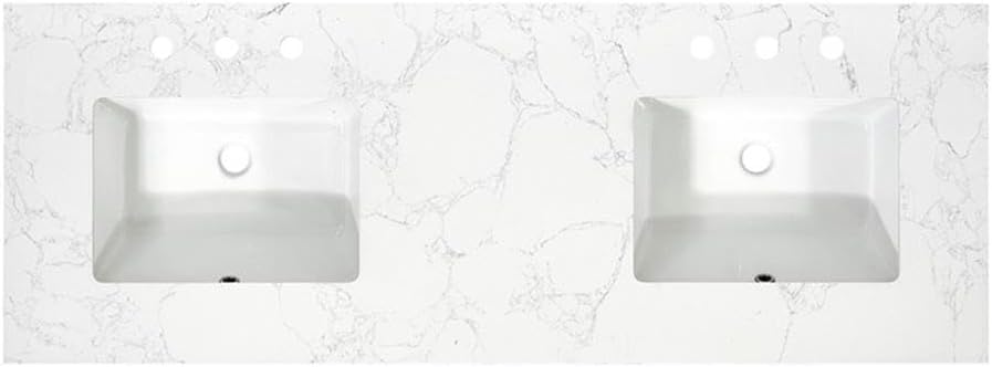 Pemberly Row 61' Engineered Stone Vanity Top, Grain White Finish, Double White Ceramic Sinks, Scratch-Resistant, Heat and Stain-Resistant, Includes Backsplash, Fits 60' Bathroom Vanity Cabinet