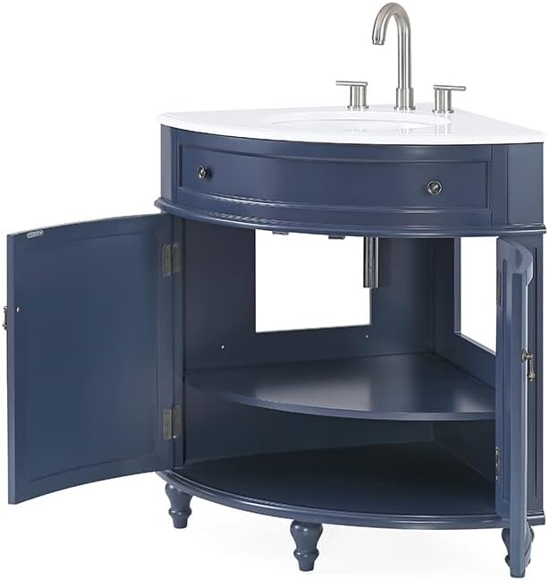 24 inch Triadsville Small Corner Bathroom Vanity with Sink and White Quartz top (Navy Blue)