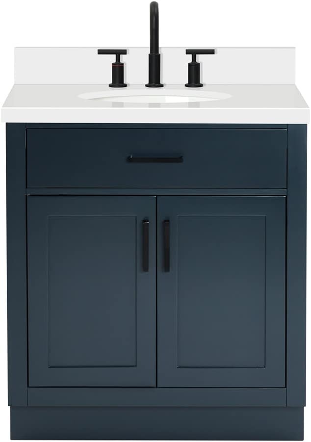 ARIEL Hepburn 30-inch Bathroom Vanity with Sink,Solid Wood, 1.5-inch Pure White Quartz Countertop & Backsplash, Single Oval Porcelain Sink, 2 Soft Closing Doors, 1 Dovetail Drawers, Midnight Blue