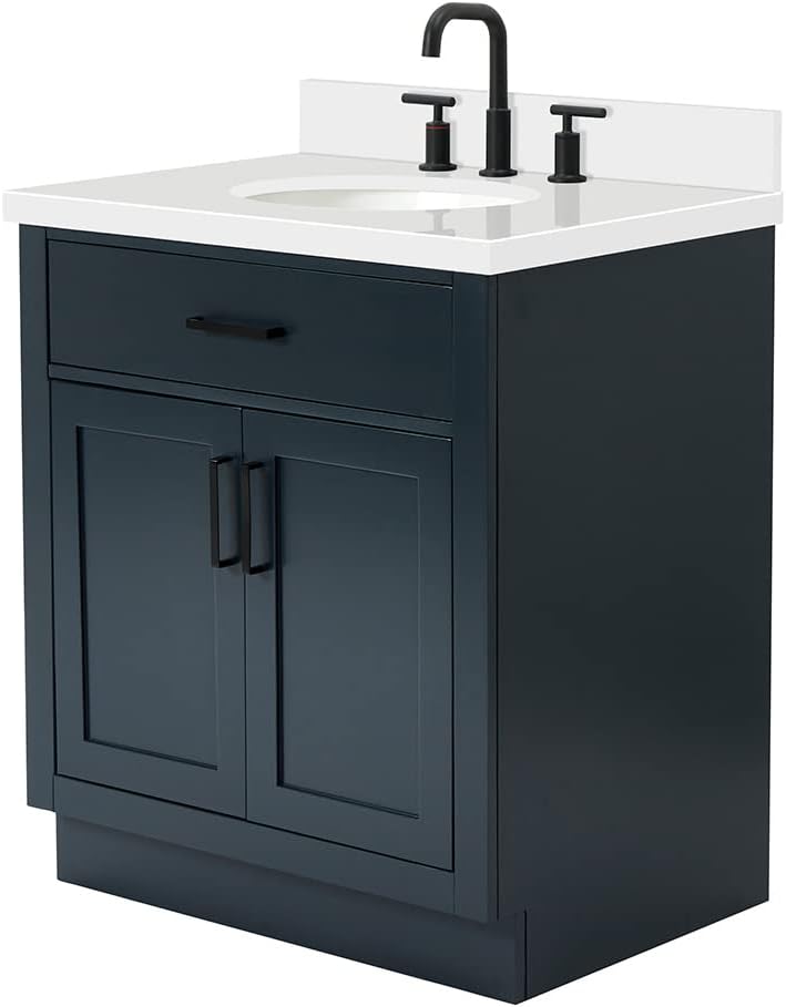 ARIEL Hepburn 30-inch Bathroom Vanity with Sink,Solid Wood, 1.5-inch Pure White Quartz Countertop & Backsplash, Single Oval Porcelain Sink, 2 Soft Closing Doors, 1 Dovetail Drawers, Midnight Blue