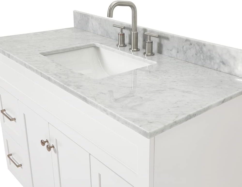 ARIEL Hamlet 48-inch Bathroom Vanity with Sink,Solid Wood, 0.75-inch Italian Carrara Marble Countertop, Single Rectangular Porcelain Sink, Soft Closing Doors, Dovetail Drawers, White