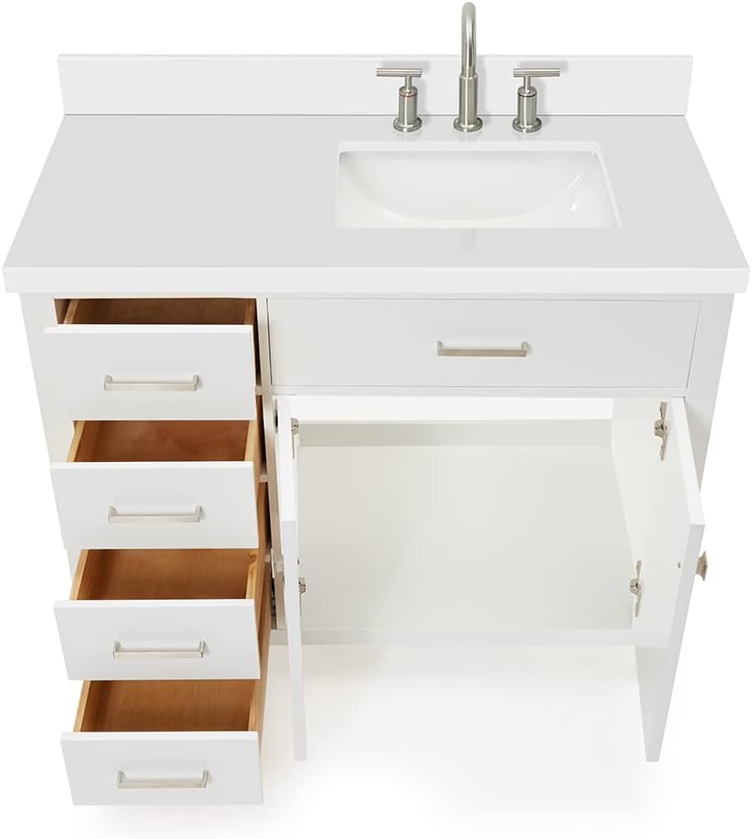 DKB Alenza 42-Inch White Single Bathroom Vanity with Right Rectangular Sink, 1.5' Pure White Quartz Countertop, 2 Soft Closing Doors, 4 Full Extension Dovetail Drawers, Polished Chrome