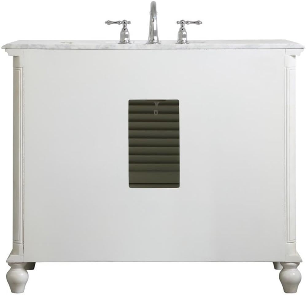 Pemberly Row 42' Single Bathroom Vanity, Antique White Finish, Solid Wood and MDF Base, Carrara White Marble Top, Porcelain Undermount Sink, 2 Drawers and 3 Doors, Freestanding for Bathroom Use