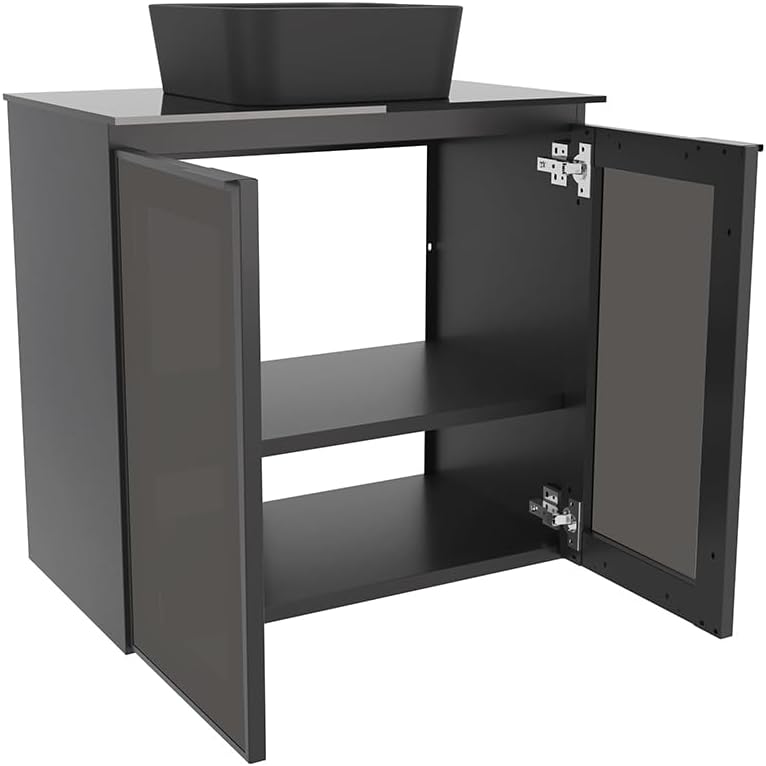 COZIMAX Umbu Combo Black Steel Bathroom Vanity Set 24' with Tempered Glass Countertop and Door, Black Square Ceramic Sink