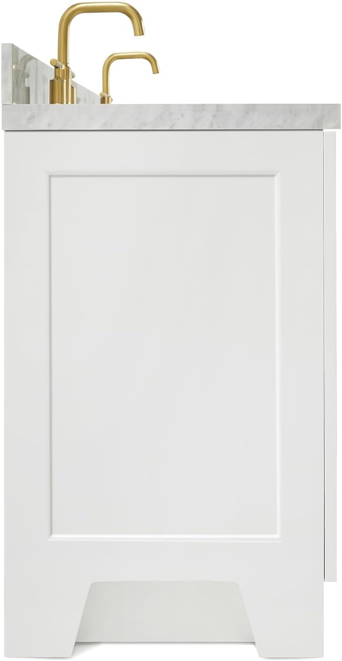 ARIEL Taylor 66-inch Bathroom Vanity with Sink,Solid Wood, 1.5-inch Italian Carrara Marble Countertop, Double Rectangular Porcelain Sink, 4 Soft Closing Doors, 5 Dovetail Drawers, White