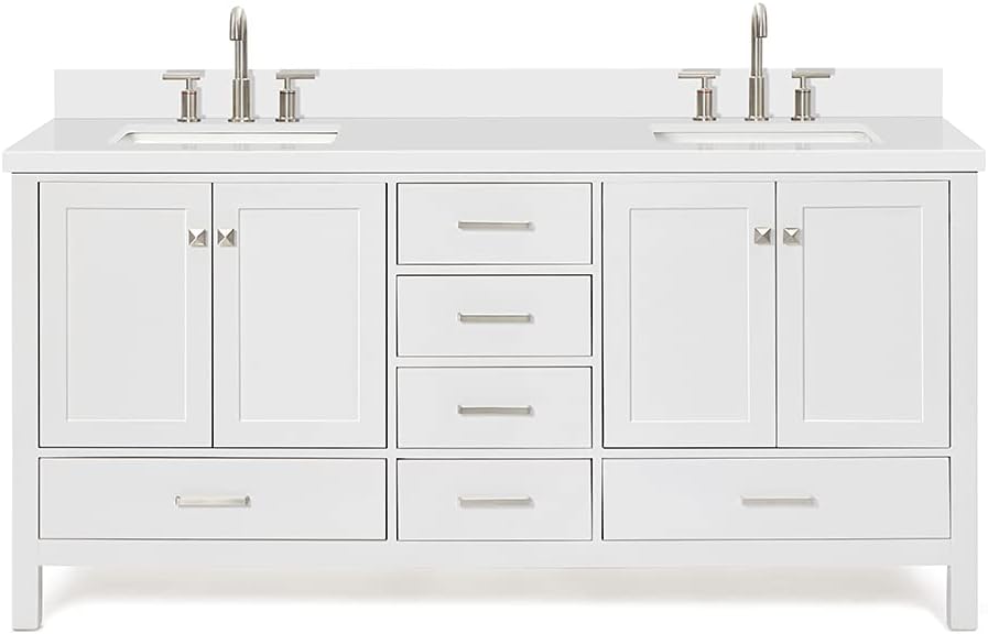 ARIEL Cambridge 72-inch Bathroom Vanity with Sink,Solid Wood, 1.5-inch Pure White Quartz Countertop & Backsplash, Double Rectangular Porcelain Sink, 4 Soft Closing Doors, 6 Dovetail Drawers, White