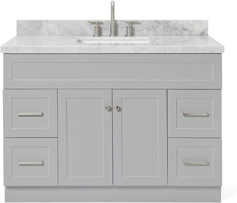ARIEL Hamlet 48-inch Bathroom Vanity with Sink,Solid Wood, 1.5-inch Italian Carrara Marble Countertop & Backsplash, Single Rectangular Porcelain Sink, 2 Soft Closing Doors, 4 Dovetail Drawers, Grey