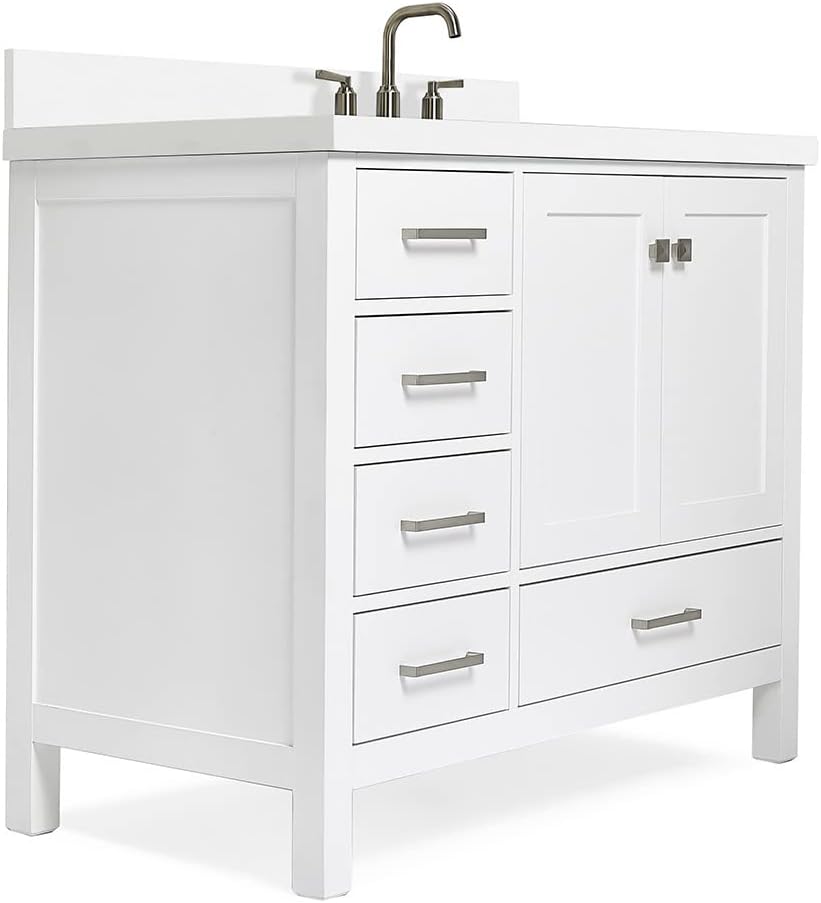 ARIEL Cambridge 42-inch Bathroom Vanity with Sink,Solid Wood, 1.5-inch Pure White Quartz Countertop & Backsplash, Single Rectangular Porcelain Sink, 2 Soft Closing Doors, 5 Dovetail Drawers, White