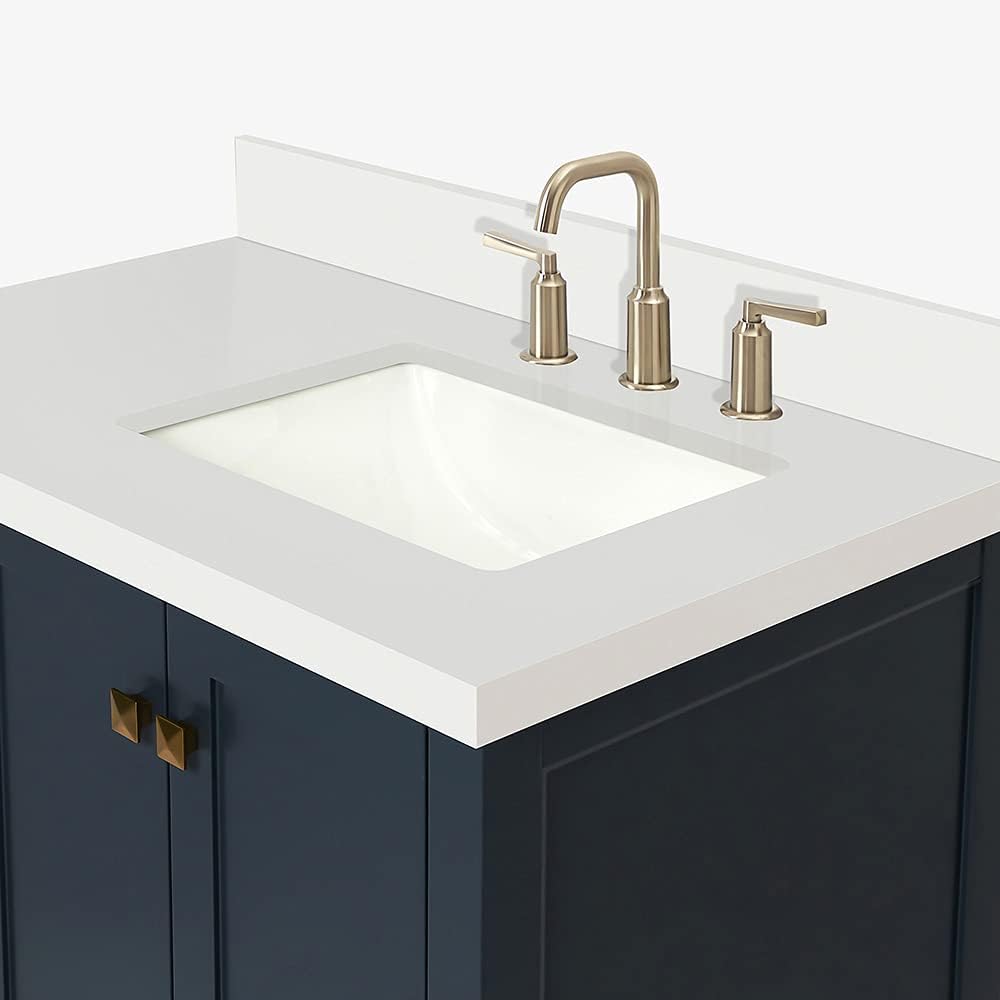 ARIEL Cambridge 36-inch Bathroom Vanity with Sink,Solid Wood, 1.5-inch Pure White Quartz Countertop, Single Rectangular Porcelain Sink, 2 Soft Closing Doors, 5 Dovetail Drawers, Midnight Blue