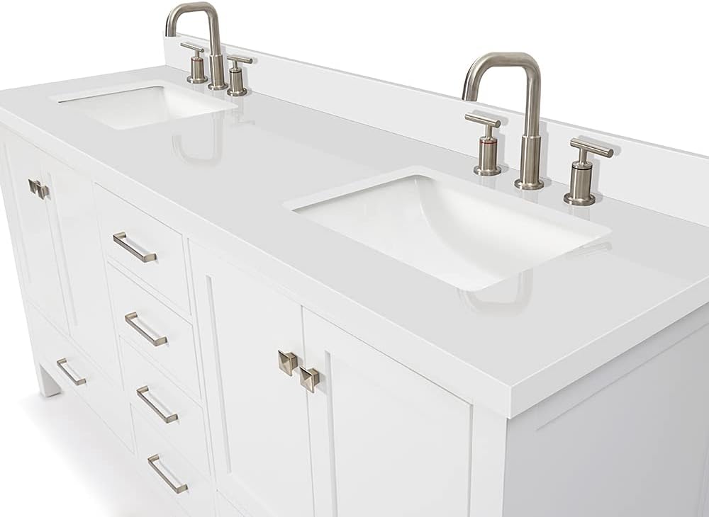 ARIEL Cambridge 72-inch Bathroom Vanity with Sink,Solid Wood, 1.5-inch Pure White Quartz Countertop & Backsplash, Double Rectangular Porcelain Sink, 4 Soft Closing Doors, 6 Dovetail Drawers, White