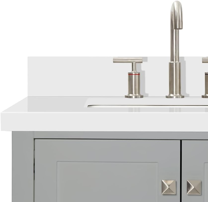 DKB Beckford 72 Inch Bathroom Vanity Double Sink — Grey Bathroom Vanity with Sink, 1.5' Edge Pure White Quartz Countertop & Backsplash, 4 Soft-Close Doors, 6 Dovetail Drawers