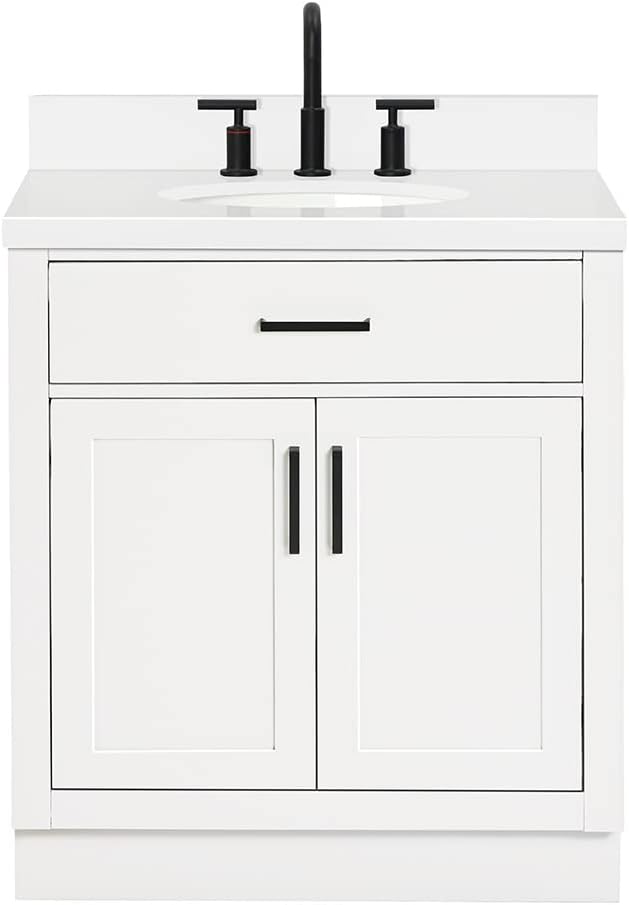 ARIEL Hepburn 30-inch Bathroom Vanity with Sink,Solid Wood, 1.5-inch Pure White Quartz Countertop & Backsplash, Single Oval Porcelain Sink, 2 Soft Closing Doors, 1 Dovetail Drawers, White