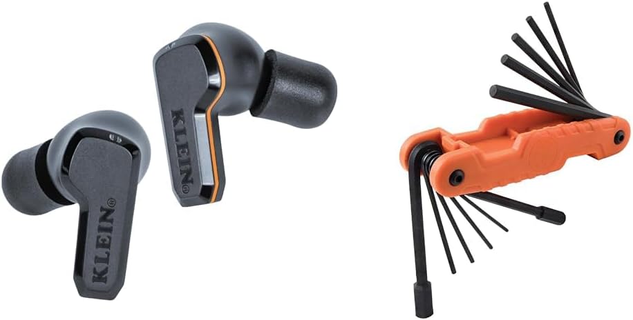 Klein Tools AESEB2 Elite Bluetooth Jobsite Earbuds, True Wireless Earplugs & 70550 Hex Wrench Key Set, 11 SAE Sizes, Heavy Duty Folding Allen Wrench Tool