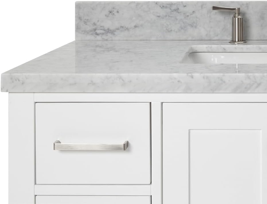ARIEL Cambridge 42-inch Bathroom Vanity with Sink,Solid Wood, 1.5-inch Italian Carrara Marble Countertop, Single Rectangular Porcelain Sink, 2 Soft Closing Doors, 9 Dovetail Drawers, White