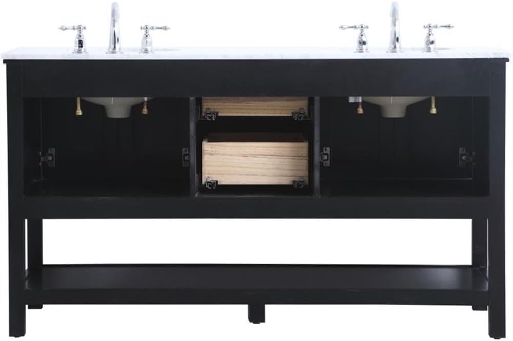 Pemberly Row 60' Double Sink Bathroom Vanity, Solid Poplar Wood, Black Finish, Carrara White Marble Top, 33.75' H x 60' W x 22' D, Two Drawers, Two Cabinets, Soft Close, Contemporary Freestanding