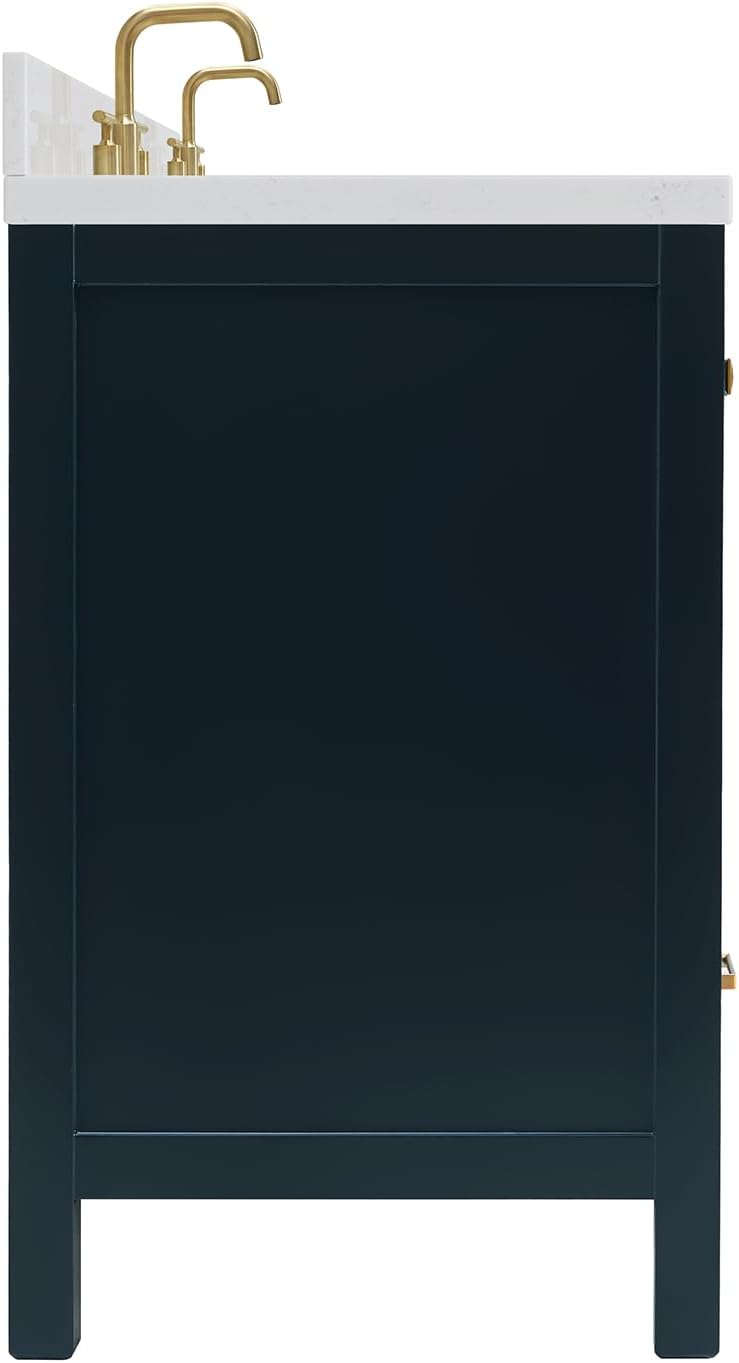 ARIEL Cambridge 66-inch Bathroom Vanity with Sink,Solid Wood, 1.5-inch Carrara White Quartz Countertop, Double Oval Porcelain Sink, 4 Soft Closing Doors, 6 Dovetail Drawers, Midnight Blue