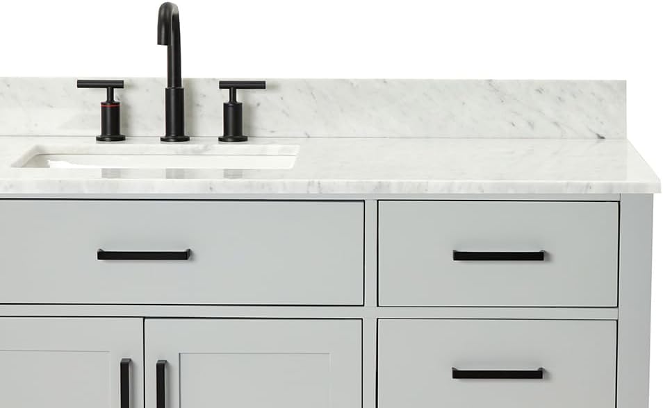ARIEL Hepburn 60-inch Bathroom Vanity with Sink,Solid Wood, 0.75-inch Italian Carrara Marble Countertop, Single Rectangular Porcelain Sink, 2 Soft Closing Doors, 9 Dovetail Drawers, Grey