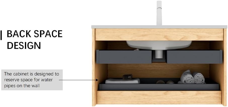 24' Floating Bathroom Vanity with Sink, Wall Mounted Modern Bathroom Cabinet with 2 Soft Close Drawers, Oak & Plywood, Pre-Assembled with Integrated Ceramic Basin – Sedona, Light Oak