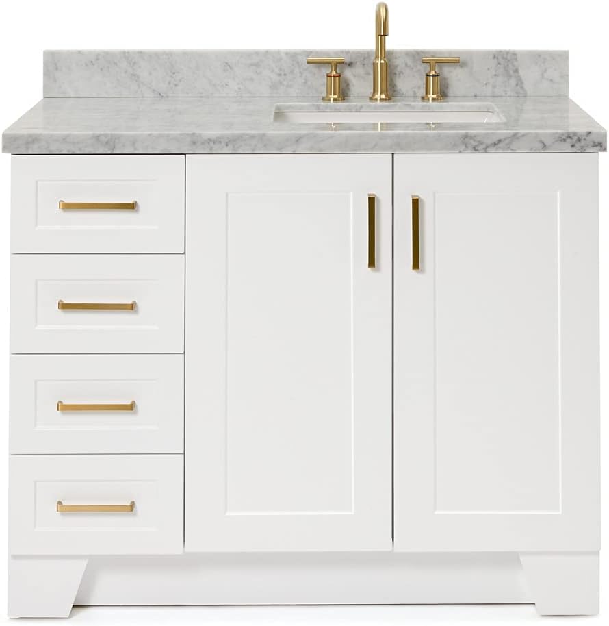 ARIEL Taylor 42-inch Bathroom Vanity with Sink,Solid Wood, 1.5-inch Italian Carrara Marble Countertop, Single Rectangular Porcelain Sink, 2 Soft Closing Doors, 5 Dovetail Drawers, White
