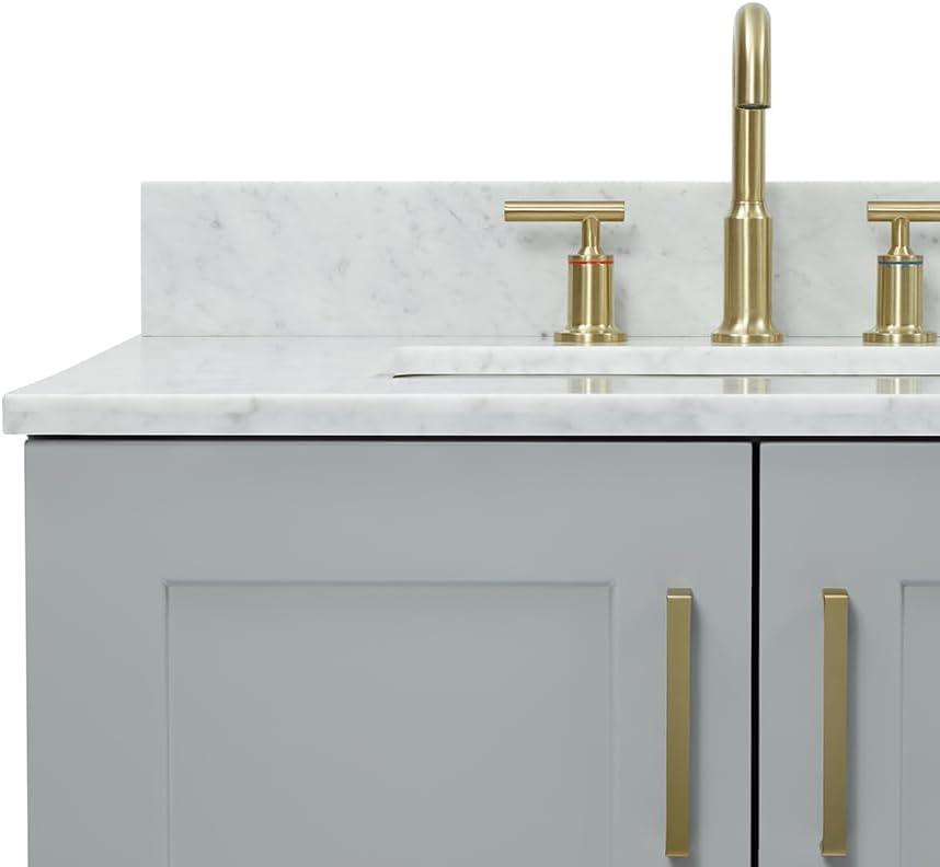 ARIEL 73' Grey Double Bathroom Vanity Italian Carrara Marble Countertop & Splash, Rectangular Sink, 4 Soft Closing Doors, 6 Full Extension Dovetail Drawers, Satin Brass