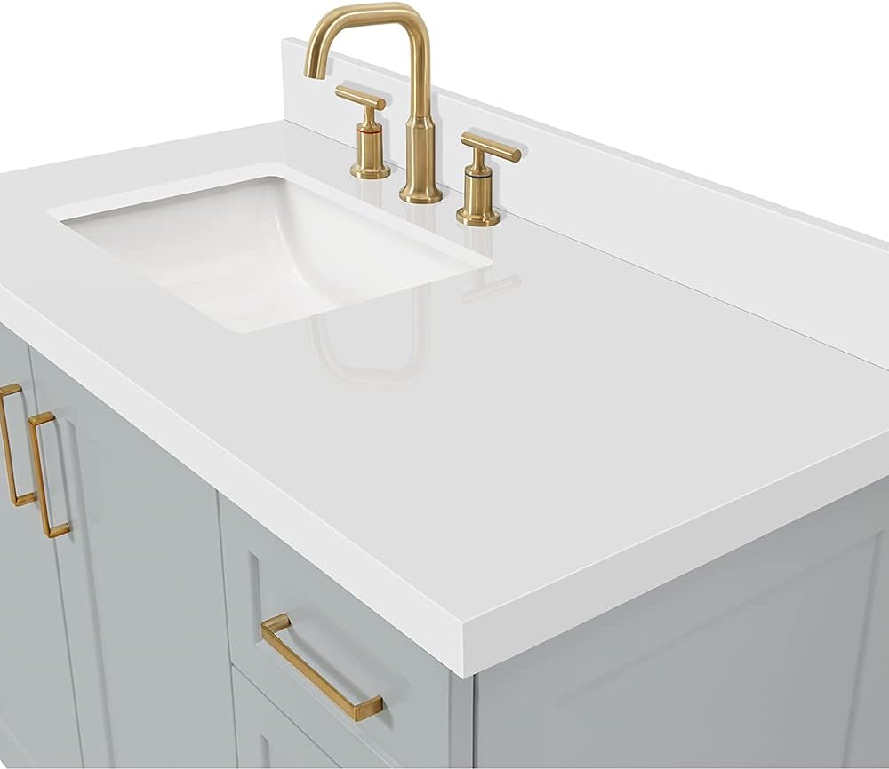 ARIEL Taylor 42-inch Bathroom Vanity with Sink,Solid Wood, 1.5-inch Pure White Quartz Countertop & Backsplash, Single Rectangular Porcelain Sink, 2 Soft Closing Doors, 5 Dovetail Drawers, Grey