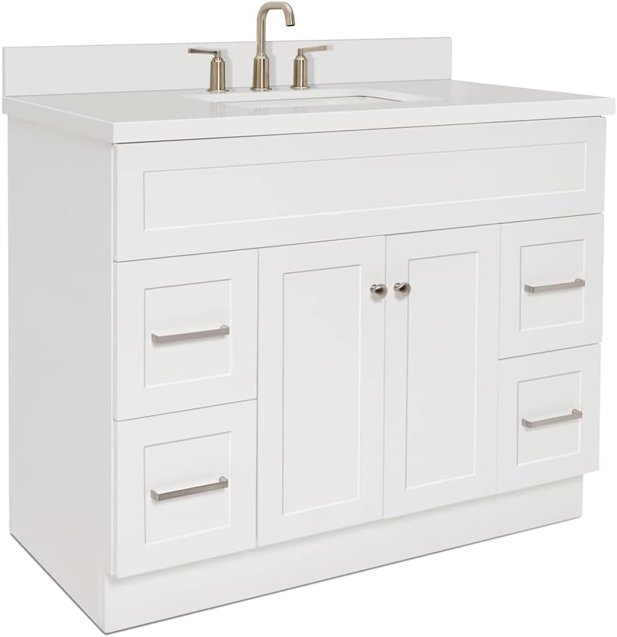 ARIEL Hamlet 42-inch Bathroom Vanity with Sink,Solid Wood, 1.5-inch Pure White Quartz Countertop & Backsplash, Single Oval Sink, 2 Soft Closing Doors, 4 Dovetail Drawers, White