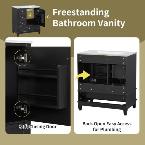 Bellemave 30' Bathroom Vanity with Ceramic Sink & 3 Drawers, Bathroom Cabinet with Storage Shelves & Solid Wood Base, Freestanding Vanity Cabinet with Soft-Close Door with Organizer (Black/30)