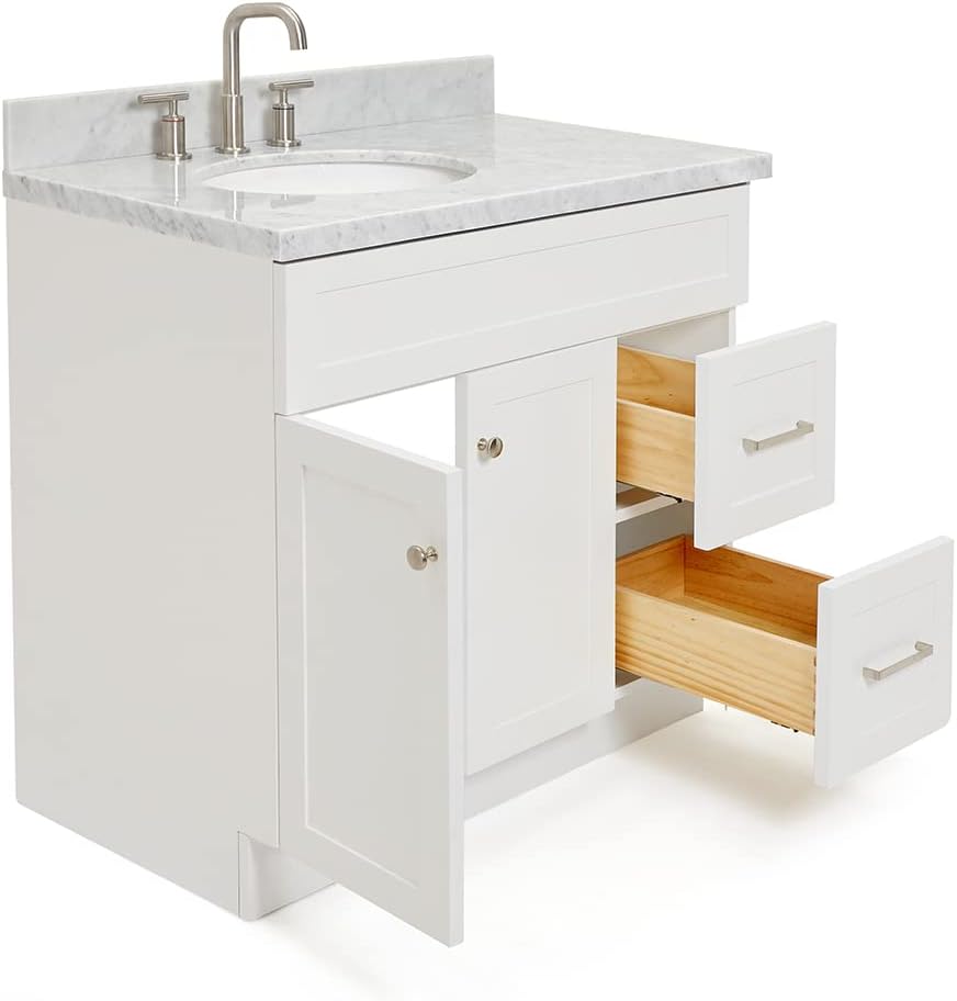 DKB Bradford 36' White Single Bathroom Vanity with Sink, 1.5' Edge Italian Carrara Marble Countertop, Oval Sink, Solid Wood Frame, 2 Soft Closing Doors, 2 Dovetail Drawers, Satin Brass