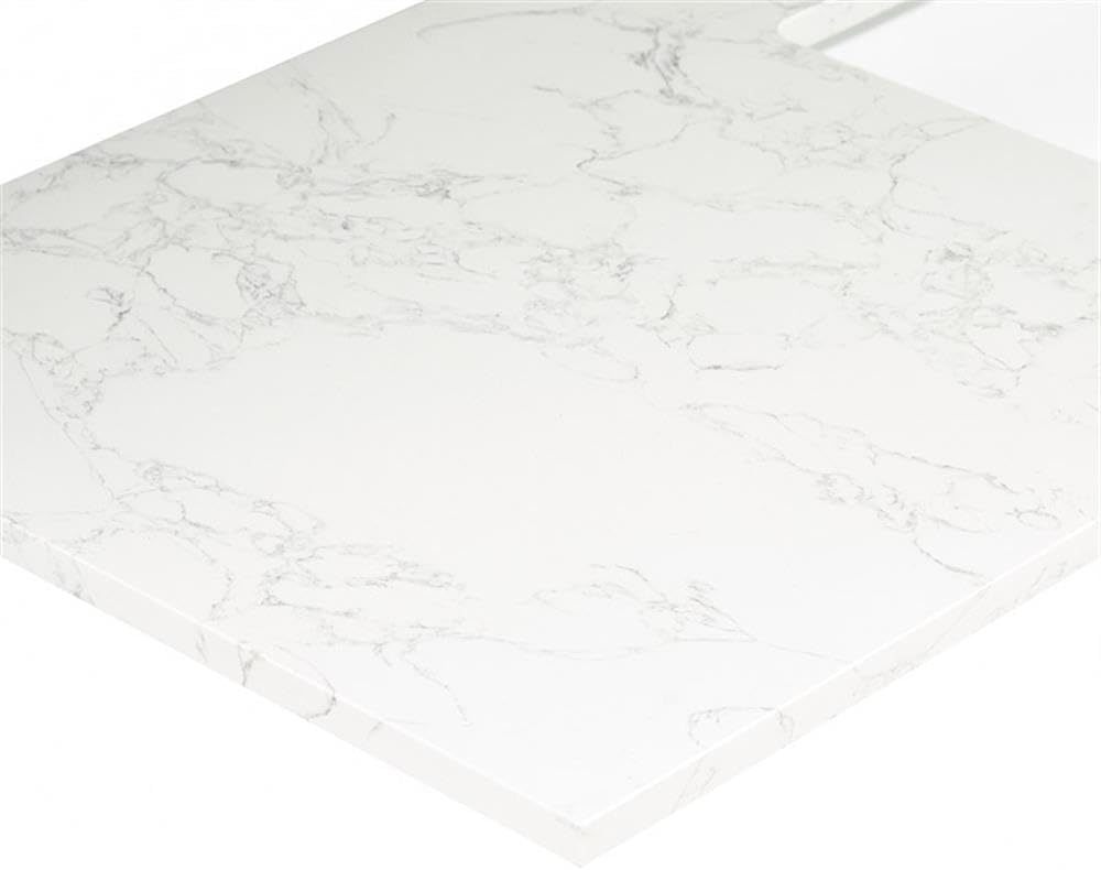 Pemberly Row 61' Engineered Stone Vanity Top, Grain White Finish, Double White Ceramic Sinks, Scratch-Resistant, Heat and Stain-Resistant, Includes Backsplash, Fits 60' Bathroom Vanity Cabinet