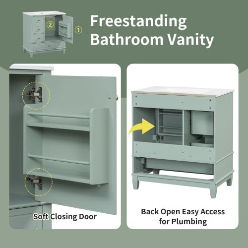 Bellemave 30' Bathroom Vanity with Ceramic Sink & 3 Drawers, Bathroom Cabinet with Storage Shelves & Solid Wood Base, Freestanding Vanity Cabinet with Soft-Close Door with Organizer (Light Green/30)