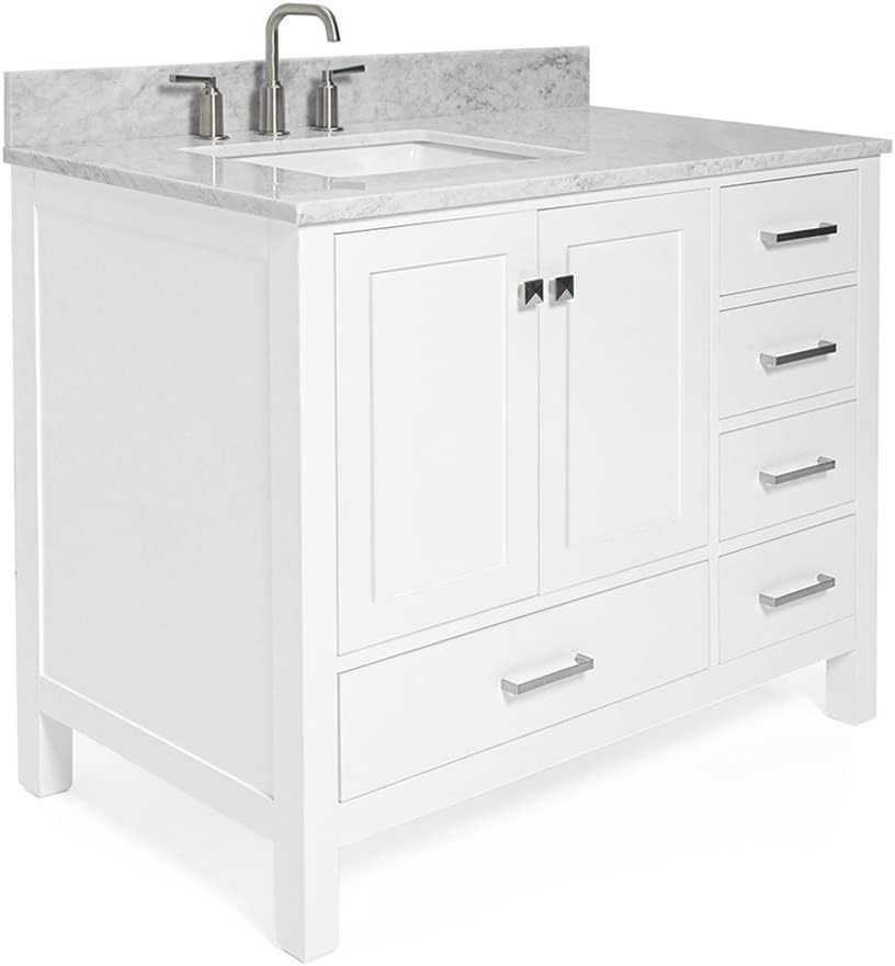 ARIEL Cambridge 43 in. Left Offset Rectangle Single Sink Vanity with Carrara White Marble Countertop in White