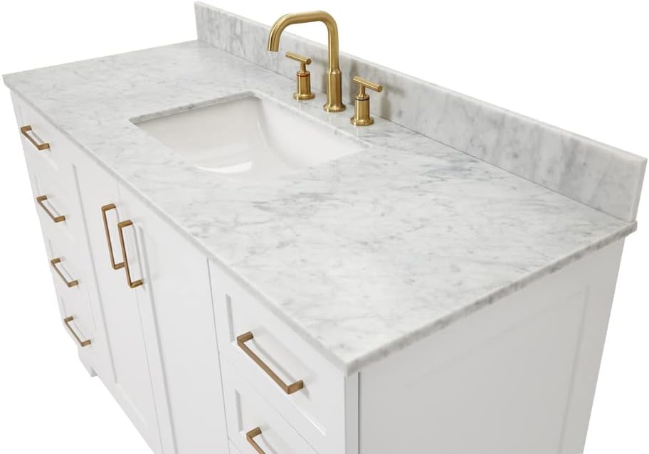 ARIEL Taylor 54-inch Bathroom Vanity with Sink,Solid Wood, 0.75-inch Italian Carrara Marble Countertop, Single Rectangular Porcelain Sink, 2 Soft Closing Doors, 9 Dovetail Drawers, White