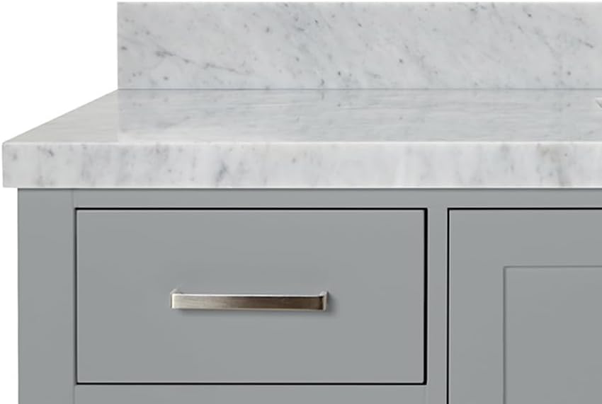 ARIEL Cambridge 60-inch Bathroom Vanity with Sink,Solid Wood, 1.5-inch Italian Carrara Marble Countertop, Single Rectangular Porcelain Sink, 2 Soft Closing Doors, 9 Dovetail Drawers, Grey