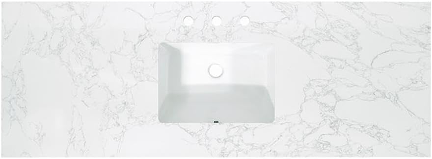 Pemberly Row 61' Engineered Stone Vanity Top, Grain White Finish, Single White Undermount Sink, Scratch/Heat/Stain-Resistant, Pre-Drilled for 8' Widespread Faucet, Modern Bathroom Vanity Surface