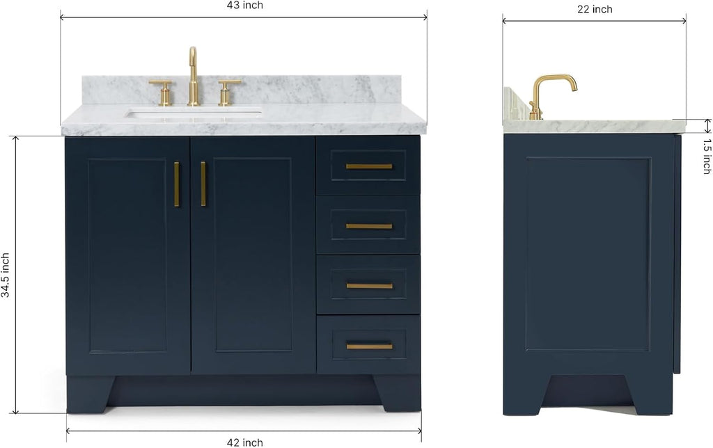 ARIEL Taylor 42-inch Bathroom Vanity with Sink,Solid Wood, 1.5-inch Italian Carrara Marble Countertop, Single Rectangular Porcelain Sink, 2 Soft Closing Doors, 5 Dovetail Drawers, Midnight Blue