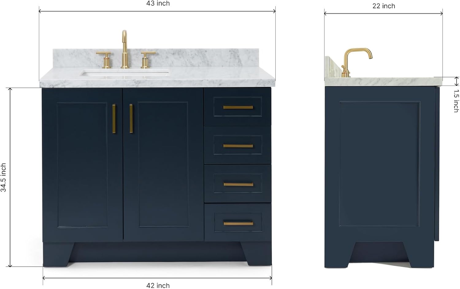 ARIEL Taylor 42-inch Bathroom Vanity with Sink,Solid Wood, 1.5-inch Italian Carrara Marble Countertop, Single Rectangular Porcelain Sink, 2 Soft Closing Doors, 5 Dovetail Drawers, Midnight Blue
