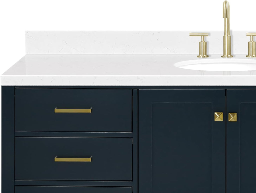 ARIEL Cambridge 66-inch Bathroom Vanity with Sink,Solid Wood, 1.5-inch Carrara White Quartz Countertop, Single Oval Porcelain Sink, 2 Soft Closing Doors, 9 Dovetail Drawers, Midnight Blue