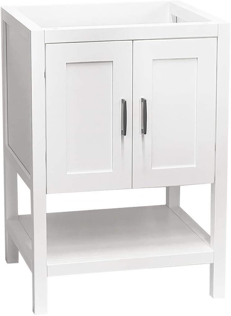 24' Bathroom Vanity with Sink – Freestanding Solid Wood Cabinet with Open Shelf, Soft-Close Doors, Matte White Resin Integrated Top (25' Top Included, White)