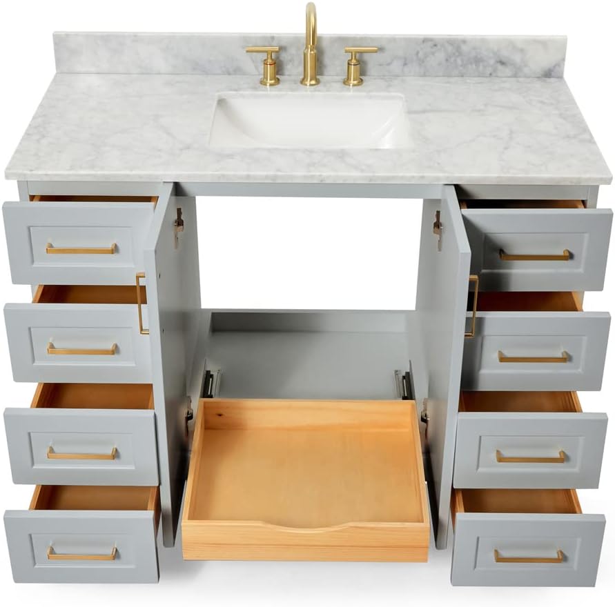 ARIEL Taylor 48-inch Bathroom Vanity with Sink,Solid Wood, 0.75-inch Italian Carrara Marble Countertop, Single Rectangular Porcelain Sink, Soft Closing Doors, Dovetail Drawers, Grey