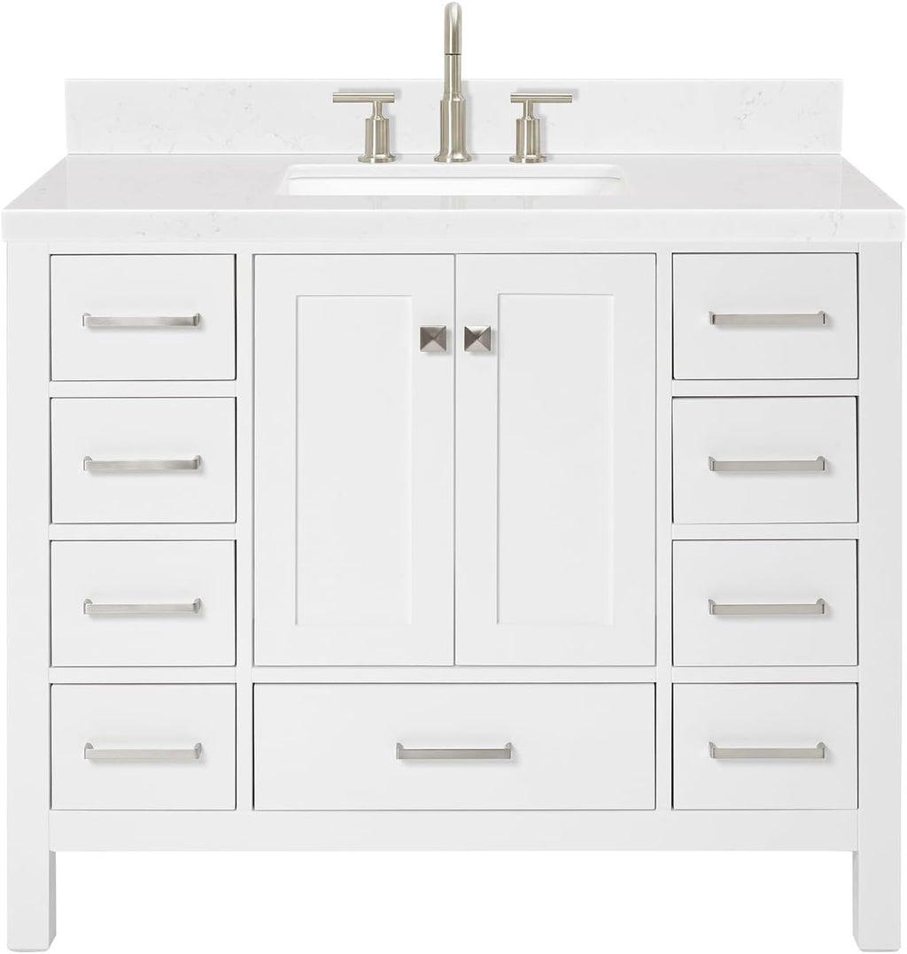 ARIEL Cambridge 42-inch Bathroom Vanity with Sink,Solid Wood, 1.5-inch Carrara White Quartz Countertop, Single Rectangular Porcelain Sink, 2 Soft Closing Doors, 9 Dovetail Drawers, White