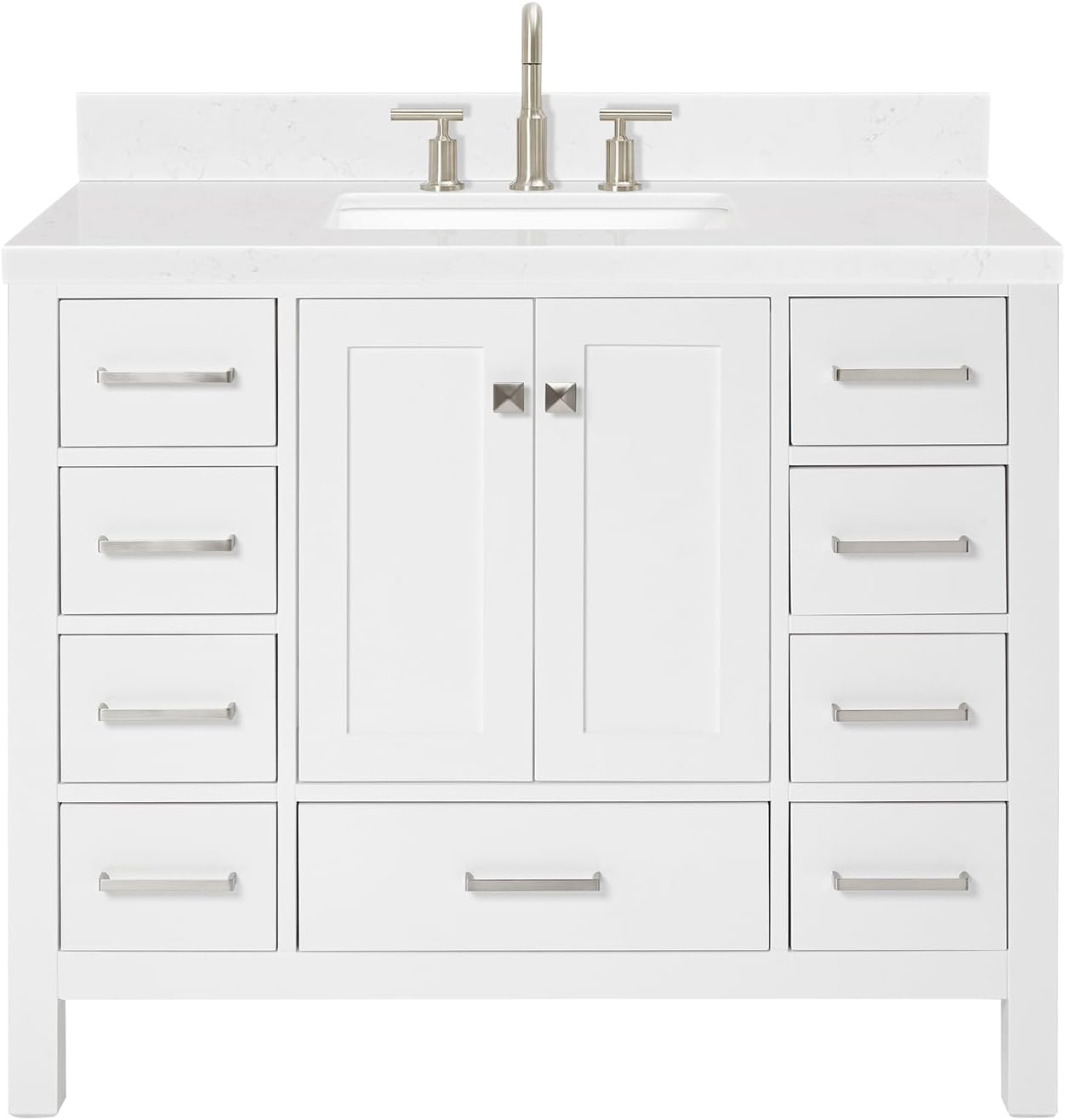ARIEL Cambridge 42-inch Bathroom Vanity with Sink,Solid Wood, 1.5-inch Carrara White Quartz Countertop, Single Rectangular Porcelain Sink, 2 Soft Closing Doors, 9 Dovetail Drawers, White