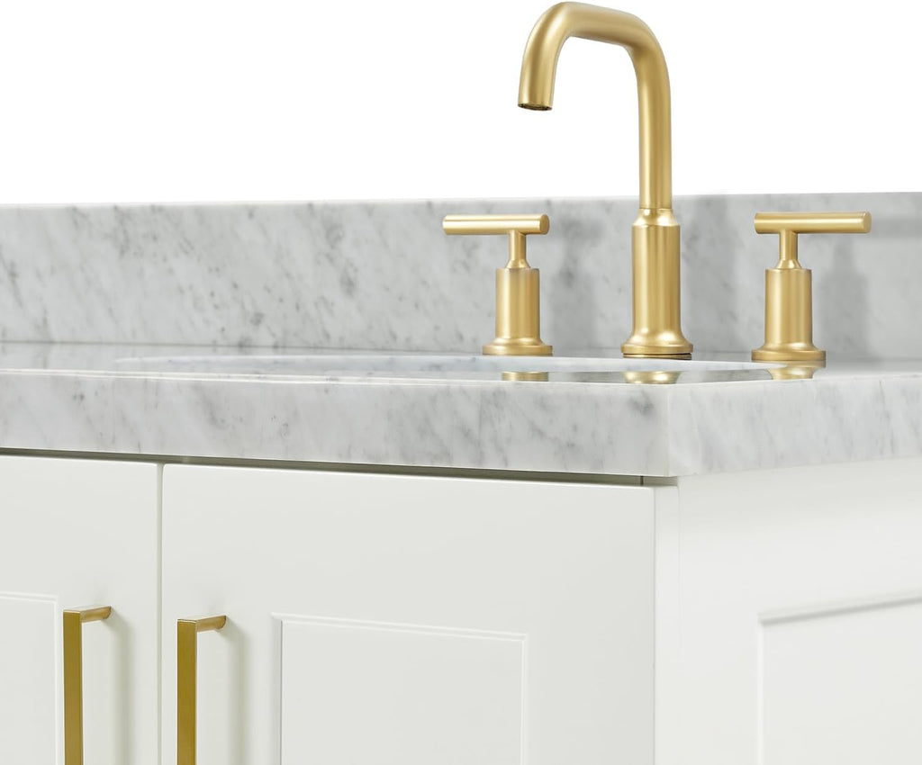 ARIEL Taylor 66-inch Bathroom Vanity with Sink,Solid Wood, 1.5-inch Italian Carrara Marble Countertop & Backsplash, Double Oval Porcelain Sink, 4 Soft Closing Doors, 5 Dovetail Drawers, White