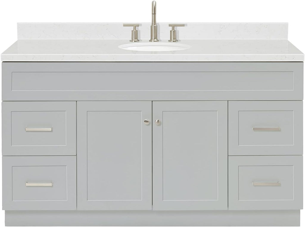 ARIEL Hamlet 60-inch Bathroom Vanity with Sink,Solid Wood, 1.5-inch Carrara White Quartz Countertop & Backsplash, Single Oval Porcelain Sink, 2 Soft Closing Doors, 4 Dovetail Drawers, Grey