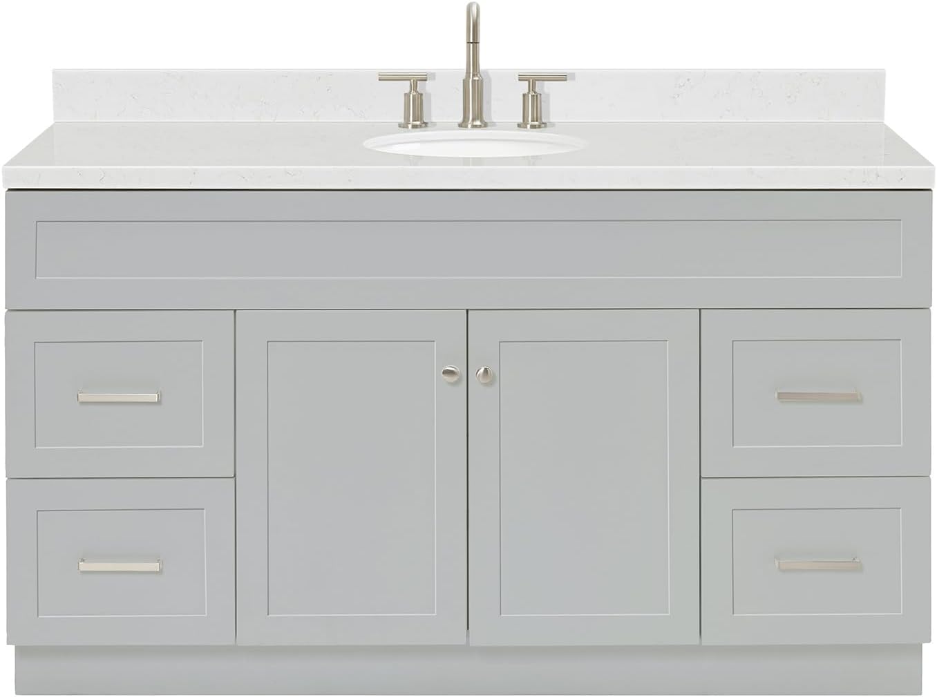 ARIEL Hamlet 60-inch Bathroom Vanity with Sink,Solid Wood, 1.5-inch Carrara White Quartz Countertop & Backsplash, Single Oval Porcelain Sink, 2 Soft Closing Doors, 4 Dovetail Drawers, Grey