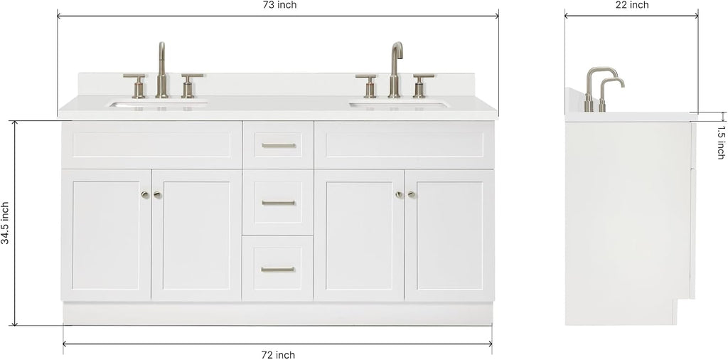 ARIEL Hamlet 72-inch Bathroom Vanity with Sink,Solid Wood, 1.5-inch Pure White Quartz Countertop & Backsplash, Double Rectangular Porcelain Sink, 4 Soft Closing Doors, 3 Dovetail Drawers, White