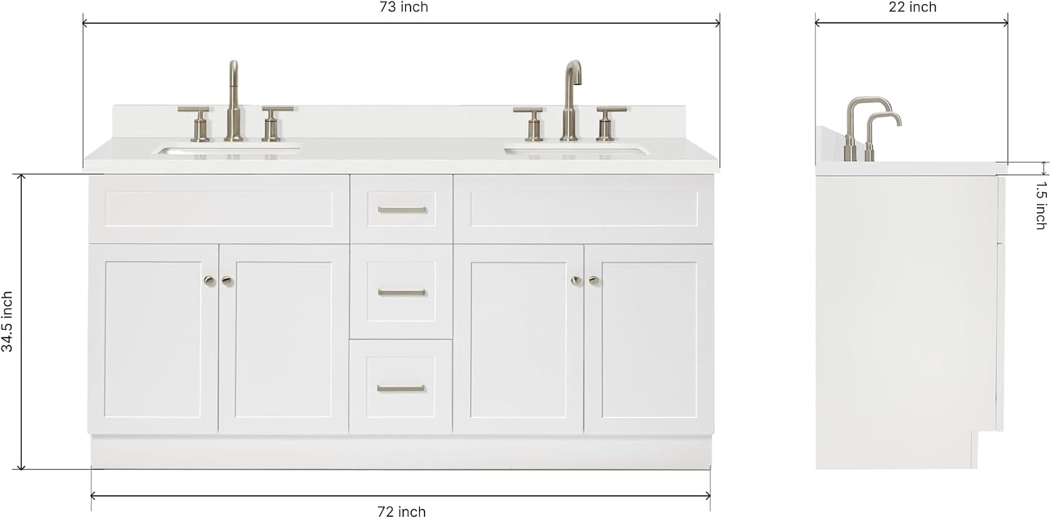 ARIEL Hamlet 72-inch Bathroom Vanity with Sink,Solid Wood, 1.5-inch Pure White Quartz Countertop & Backsplash, Double Rectangular Porcelain Sink, 4 Soft Closing Doors, 3 Dovetail Drawers, White