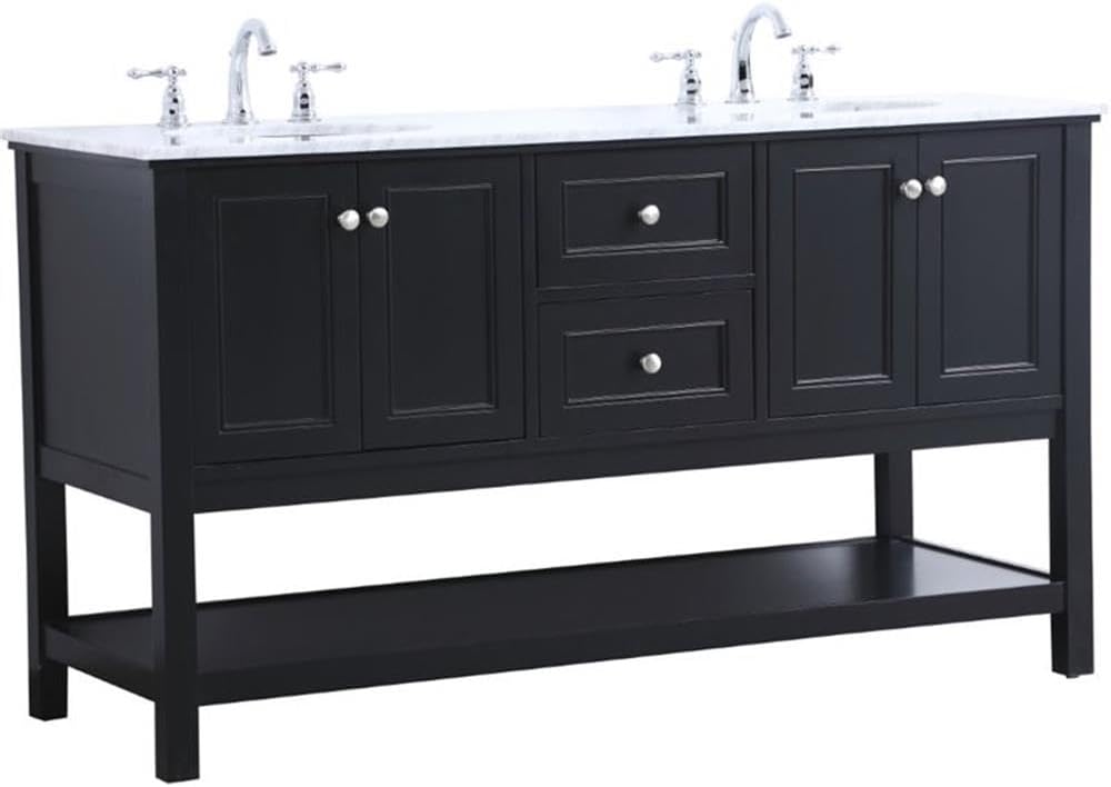 Pemberly Row 60' Double Sink Bathroom Vanity, Solid Poplar Wood, Black Finish, Carrara White Marble Top, 33.75' H x 60' W x 22' D, Two Drawers, Two Cabinets, Soft Close, Contemporary Freestanding