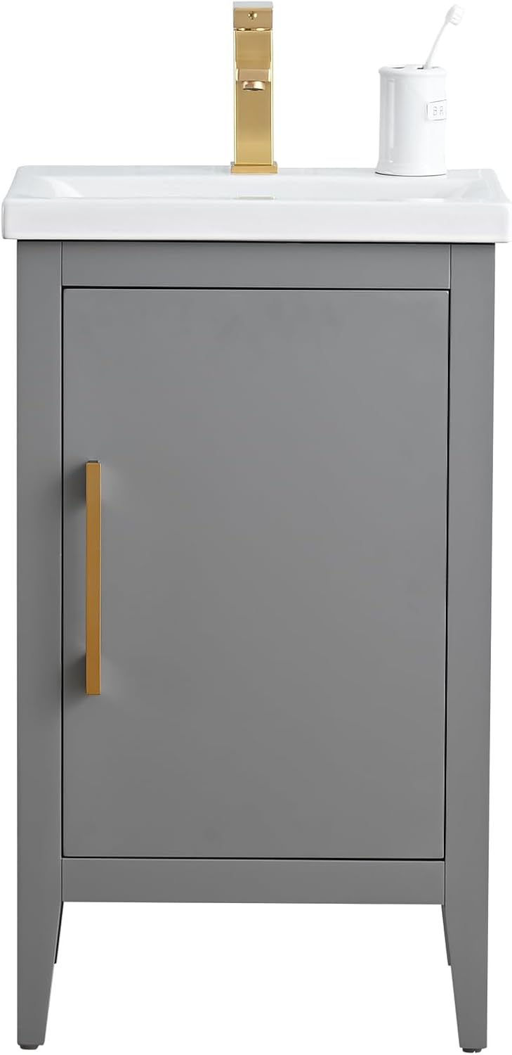 HOMEBEYOND 20 Inch Bathroom Vanities with Sink & Ceramic Top, Single Vanity Cabinet with Basin, Solid Wood Frame, Soft-Closing Doors & Golden Brushed Hardware, Grey